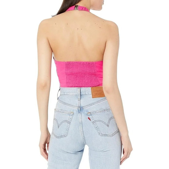 NIA Mia Hot Pink Linen Square Halter Corset Crop Top M - Picture 2 of 6